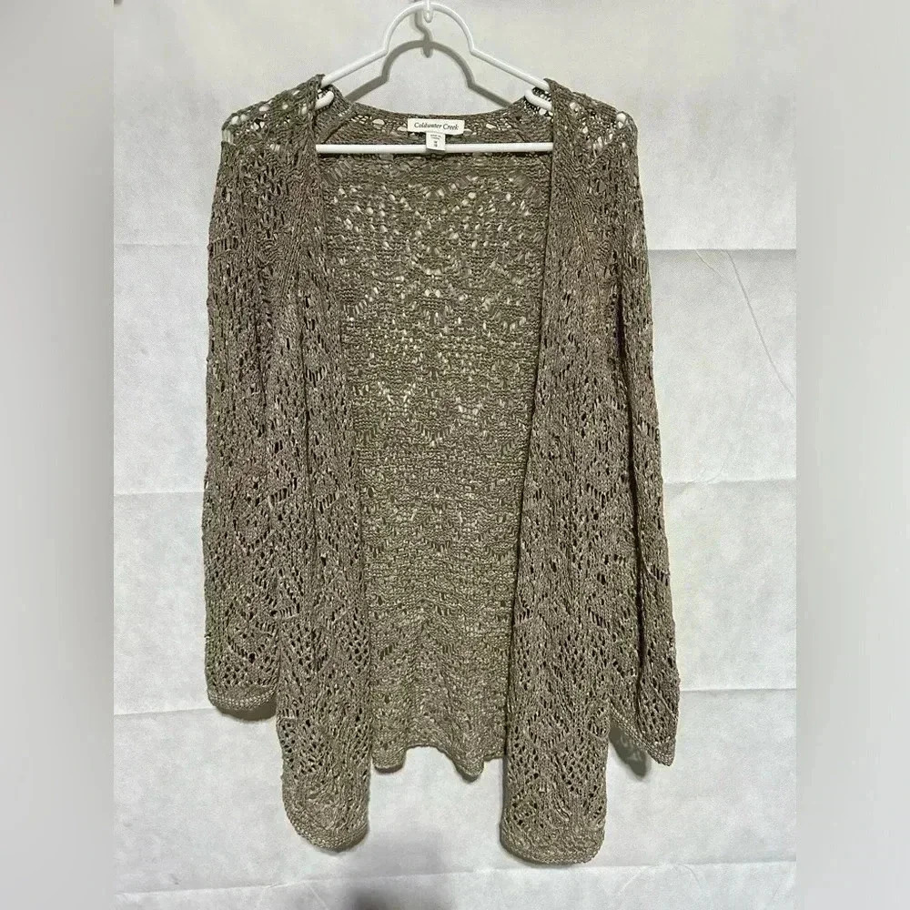 Coldwater Creek Brown Crochet Openfront Cardigan Size 1X 3/4 Sleeves Patterned
